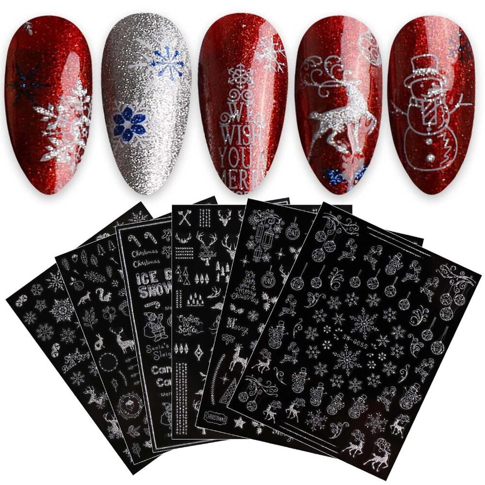 9 Sheets Christmas Glitter Nail Art Stickers Decals Self-Adhesive Snowflake Wint